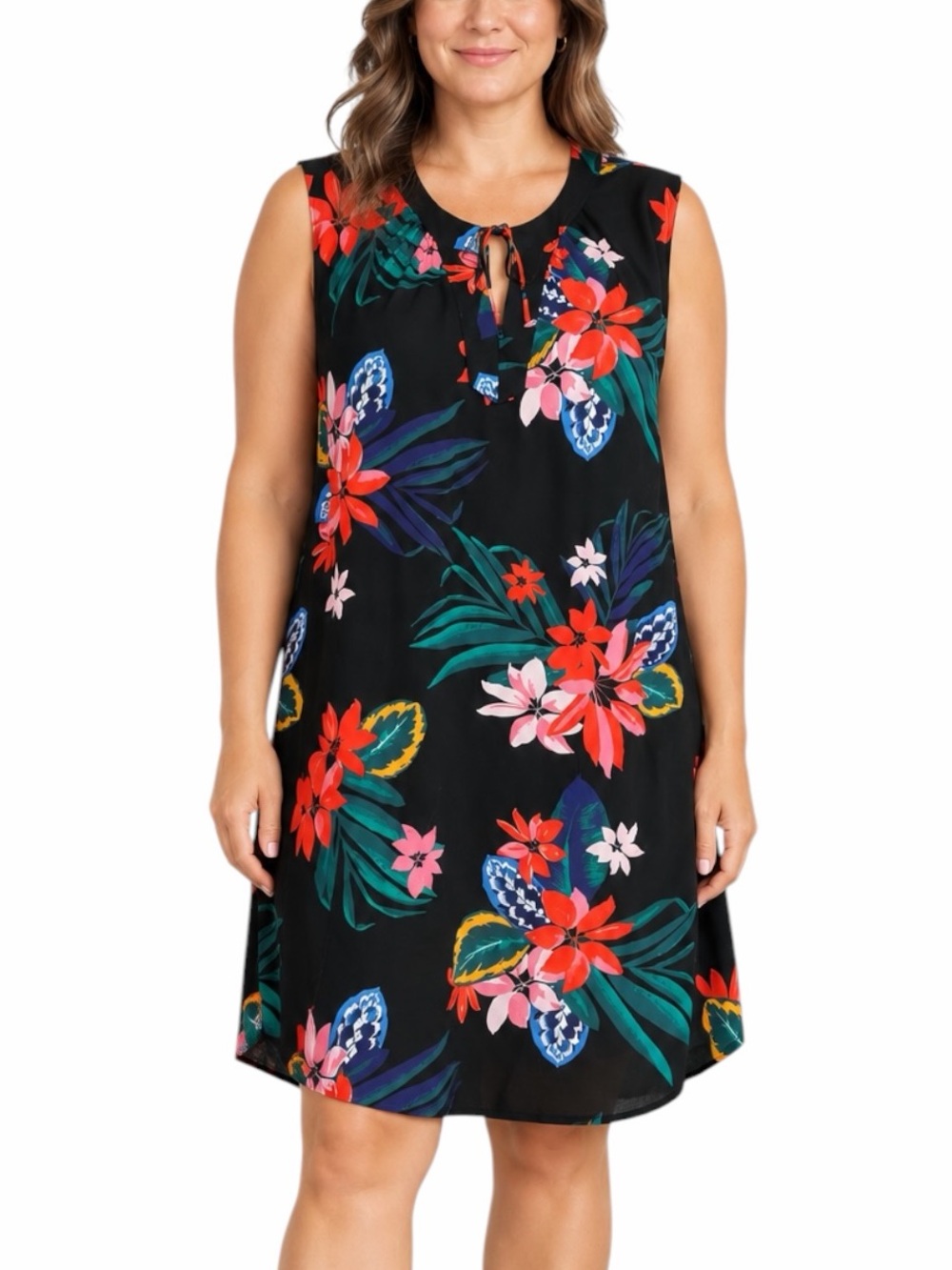 Old Navy Shift Dress XXL Tropical Floral V Neck Sleeveless Black Rayon Relaxed